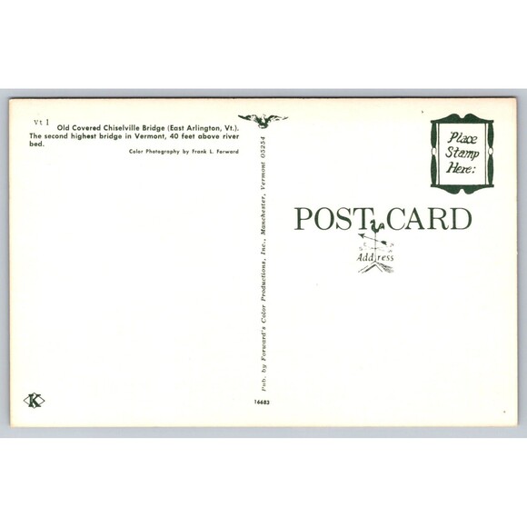 Postcard Vermont Arlington Old Covered Chiselville Bridge Vintage c1960s VT Fall - Picture 2 of 2